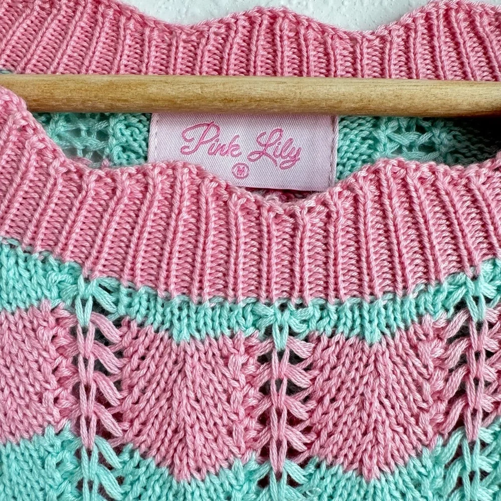 Pink Lily Knit Sweater Dress Pink Mint Striped Weave Pullover Medium Crochet - Picture 2 of 6